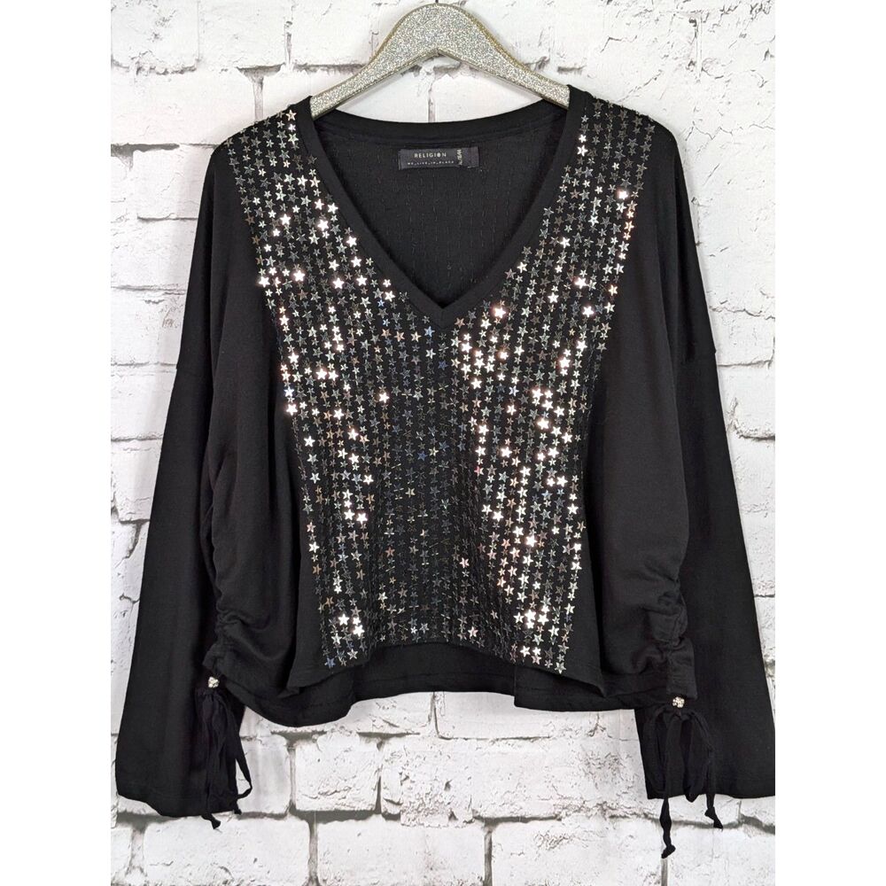 RELIGION Edgy Star Sequined & Skull Beaded Black Knit Tunic Gothic Size XL